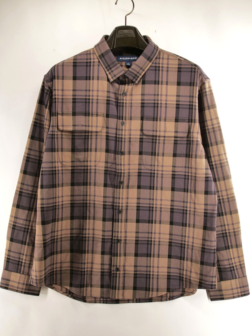Mizzen+Main Men's XL Brown Plaid Long Sleeve Button Up Shirt Chest Pockets